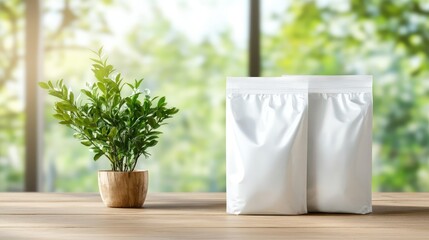 Two white packaging bags sit on a table with a vibrant green backdrop, showcasing a minimalist design that highlights the product while complementing the natural setting.