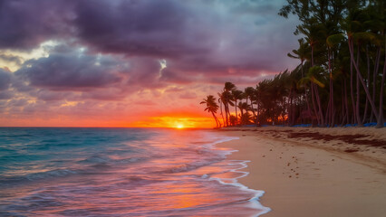 tropical beach sunset, ocean waves, seaside view, relaxing evening