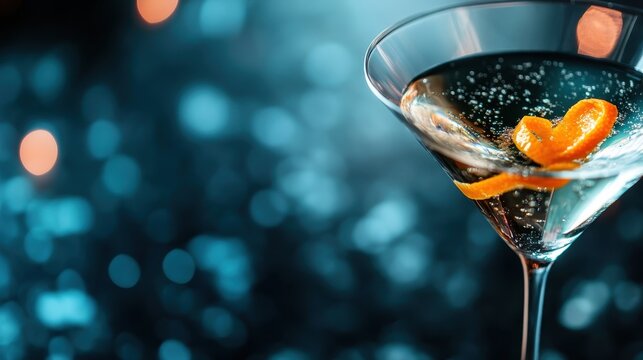 A sleek glass of cocktail garnished with citrus on a sparkling bar surface, representing celebration, sophistication, and a vibrant nightlife atmosphere.