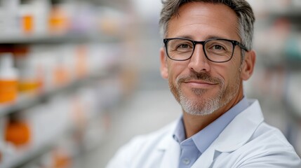 A confident pharmacist stands in an organized drugstore, showcasing professionalism and expertise, creating a welcoming environment for customers in need of assistance.