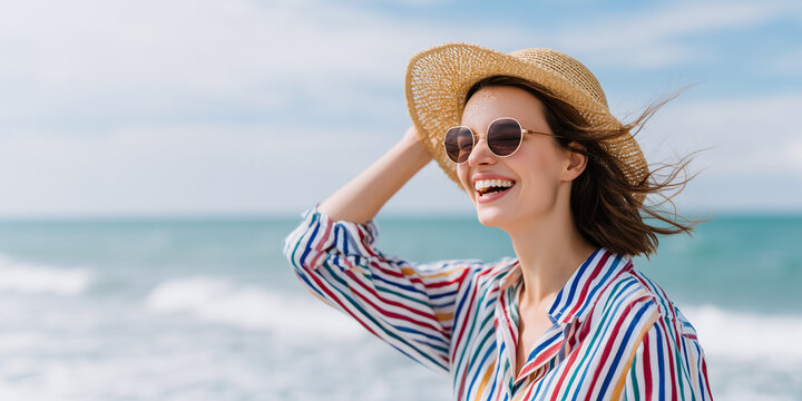 A carefree woman embraces the joy of a sunny day, her face illuminated by a radiant smile. Her sunglasses and straw hat are a charming addition.