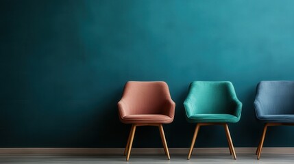 Obraz premium A vibrant display of three colorful chairs set against a stunning turquoise wall, showcasing modern design and aesthetic appeal in a clean, minimalist space.