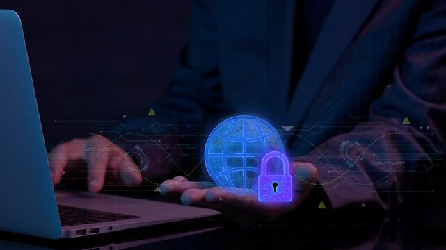 Virtual Private Network concept, a service that encrypts your internet traffic and protects your online identity. Cyber security system. Businessman shows secure connection icon on virtual screen.