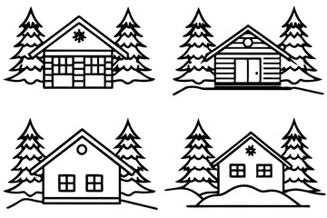 Peaceful Snowy Cottage Line Art