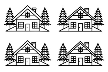 Peaceful Snowy Cottage Line Art