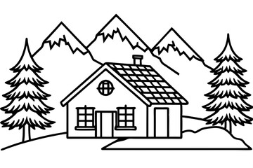 Peaceful Snowy Cottage Line Art