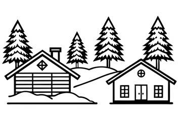 Fototapeta premium Peaceful Snowy Cottage Line Art