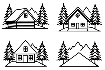 Peaceful Snowy Cottage Line Art