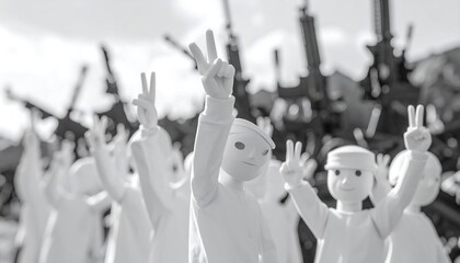 Animated people, peace signs, weapons dismantled