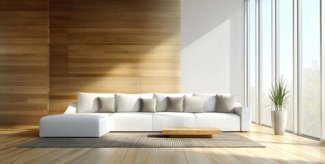 Modern Living Room with Wooden Wall and Large Windows