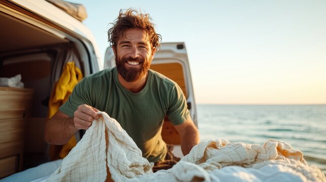 A smiling man prepares his van by the serene shoreline at sunset, symbolizing freedom, adventure, and a connection with nature as the sun casts a golden glow over the scene.