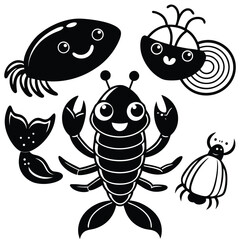 Black and White Fish Illustration Collection, seafood vector on white background