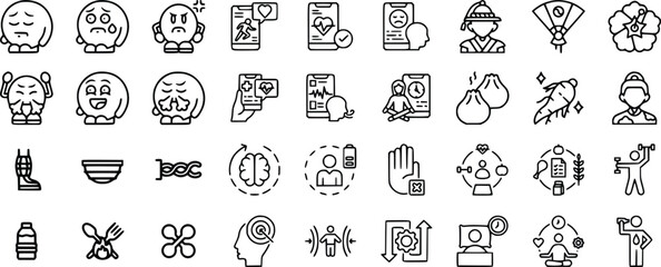 Wellness App Icons Set Black Line Emojis Health Food
