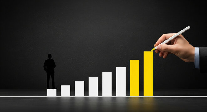 A silhouette of a businessman stands at the beginning of an escalating bar graph, symbolizing business progress and future aspirations on a dark background - Powered by Adobe
