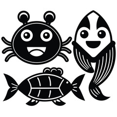 Black and White Fish Illustration Collection, seafood vector on white background