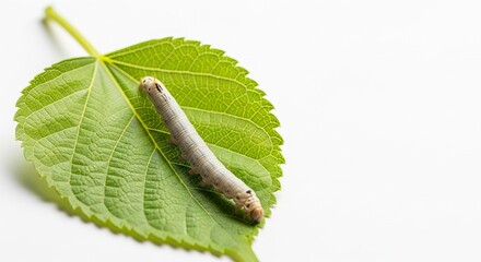 Macro view of caterpillar on green leaf, showcasing natural detail in a white background setting