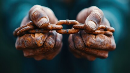 A powerful image showcasing coarse hands gripping a rusty chain tightly, symbolizing themes of bondage, struggle, and the fight for freedom in a stark, evocative setting.