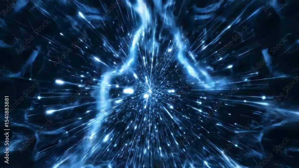 Poster blue digital brain with glowing neural connections and energy pulses, abstract science animation for