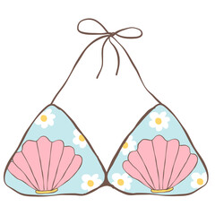 Blue bikini kawaii with shell and flower pattern-summer-hand drawn-vector illustration-clipart 