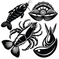 Black and White Fish Illustration Collection, seafood vector on white background