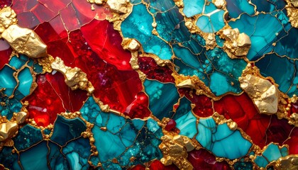 Close-up of a textured surface combining ruby red resin, aquamarine inlays, and brass flecks with glossy reflections