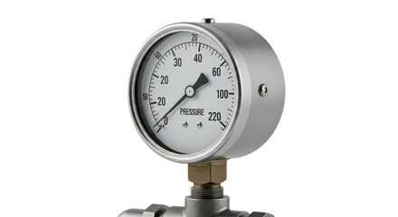 Industrial pressure gauge close-up isolated on white background showcasing measurement features