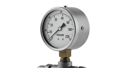 Industrial pressure gauge close-up isolated on white background showcasing measurement features