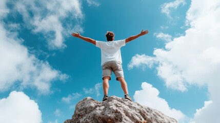 A man stands atop a rocky peak, arms outstretched towards a brilliant blue sky, symbolizing freedom, achievement, and a connection with nature's vastness and beauty.