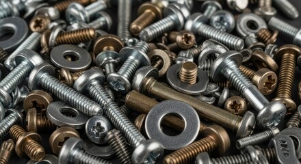 Industrial screws and washers pile showcasing metallic tones and varying sizes, perfect for mechanical applications