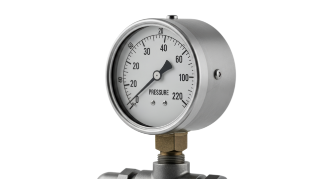 Industrial pressure gauge close-up isolated on white background showcasing measurement features