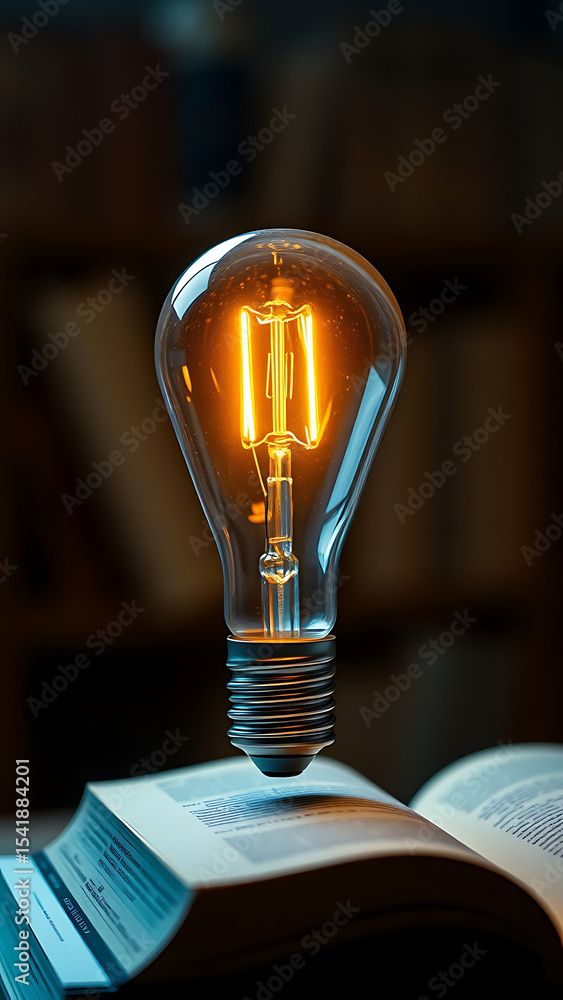 Poster light bulb glowing on book idea of inspiration from reading innovation idea concept self-learning ve