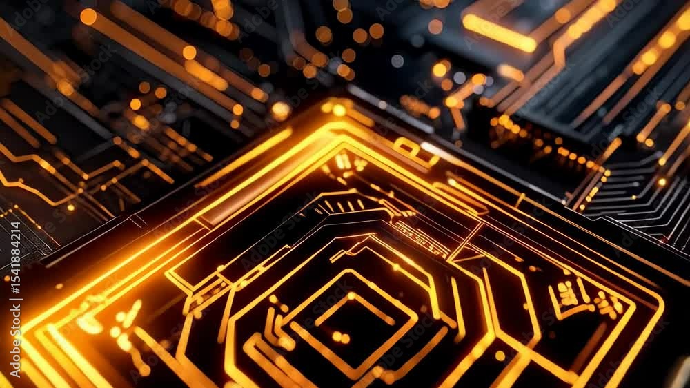 Poster golden light illuminates intricate circuit board design, featuring a geometric chip and network of c