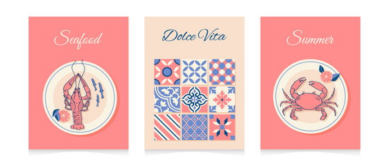 Summer. Seafood. Dolce Vita. Set of doodle style postcards with hand drawn lobster and crab plate and Italian style ceramic tiles. Trendy summer design for branding, advertising, printing