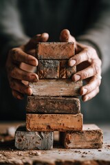 Hands stacking bricks in a minimalist industrial setting showcasing craftsmanship and focus