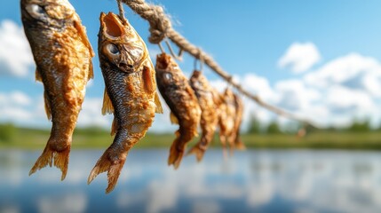 A serene scene of dried fish hanging on a line, set against the backdrop of calm water and blue skies, illustrating traditional methods of preservation and culture.