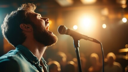 A passionate singer performing on stage, showcasing raw emotion as they engage with the audience, under dramatic lighting that enhances the vibrant atmosphere of the performance.