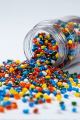 Colorful plastic resin pellets spilled on a surface for industrial use
