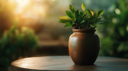 Fototapeta premium A healthy plant in a rustic terracotta pot symbolizes growth and tranquility, beautifully reflecting the harmony of nature in a calming, sunlit environment.