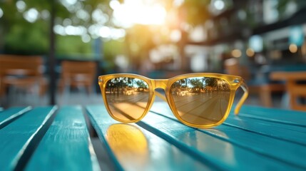 A pair of vibrant yellow sunglasses rests on a teal wooden table, capturing a warm sunset in their reflective lenses amidst a beautiful outdoor setting.