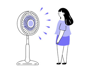 Young Woman Cooling with Electric Fan - Summer Heat Flat Vector Illustration (Minimalist Hot Weather Scene) - Isolated on White
