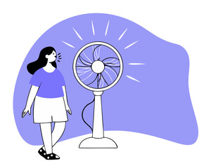 Young Woman Cooling with Electric Fan - Summer Heat Flat Vector Illustration (Minimalist Hot Weather Scene) - Isolated on White