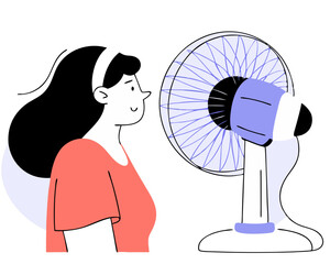 Young Woman Cooling with Electric Fan - Summer Heat Flat Vector Illustration (Minimalist Hot Weather Scene) - Isolated on White