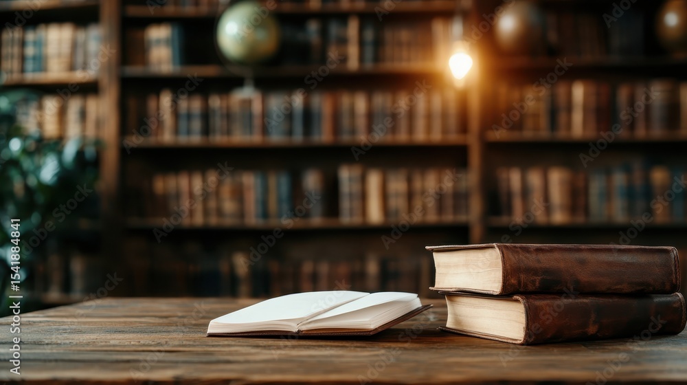 Poster an open book rests on a rustic wooden table in front of a vast bookshelf full of leather-bound volum