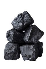 Cleanly arranged pile of coal chunks on white backdrop suitable for display or artistic use