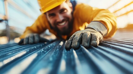 A smiling construction worker wearing a yellow safety helmet reaches out as he works on a metal surface, showcasing dedication, hard work, and the construction industry.