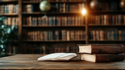 Fototapeta premium An open book rests on a rustic wooden table in front of a vast bookshelf full of leather-bound volumes, evoking feelings of knowledge, exploration, and reflection.