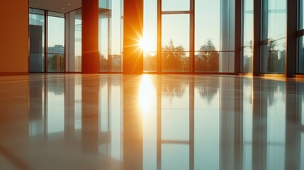 A stunning sunrise beams through tall glass windows of a modern office building, reflecting light and creating an inspiring atmosphere for work and productivity.