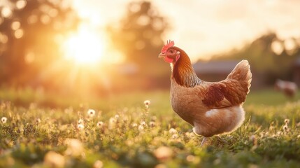 A beautiful brown chicken walks gracefully in a sunlit field surrounded by dandelions, showcasing nature's charm during a tranquil sunset in a rural setting.