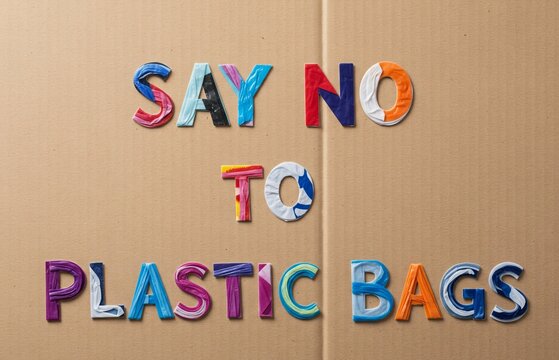 Scraps of plastic turned into a message board reading “Say No to Plastic Bags,” symbolizing hope on International Plastic Bag Free Day.