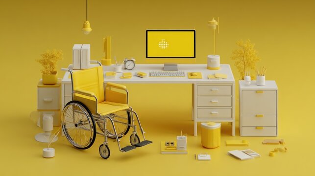 A bright yellow and white minimalist workspace, featuring an accessible design with a wheelchair